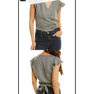 Chaser Sage Green‎ Wrap Top Flutter Sleeve Solid Green Linen Blend Women's S